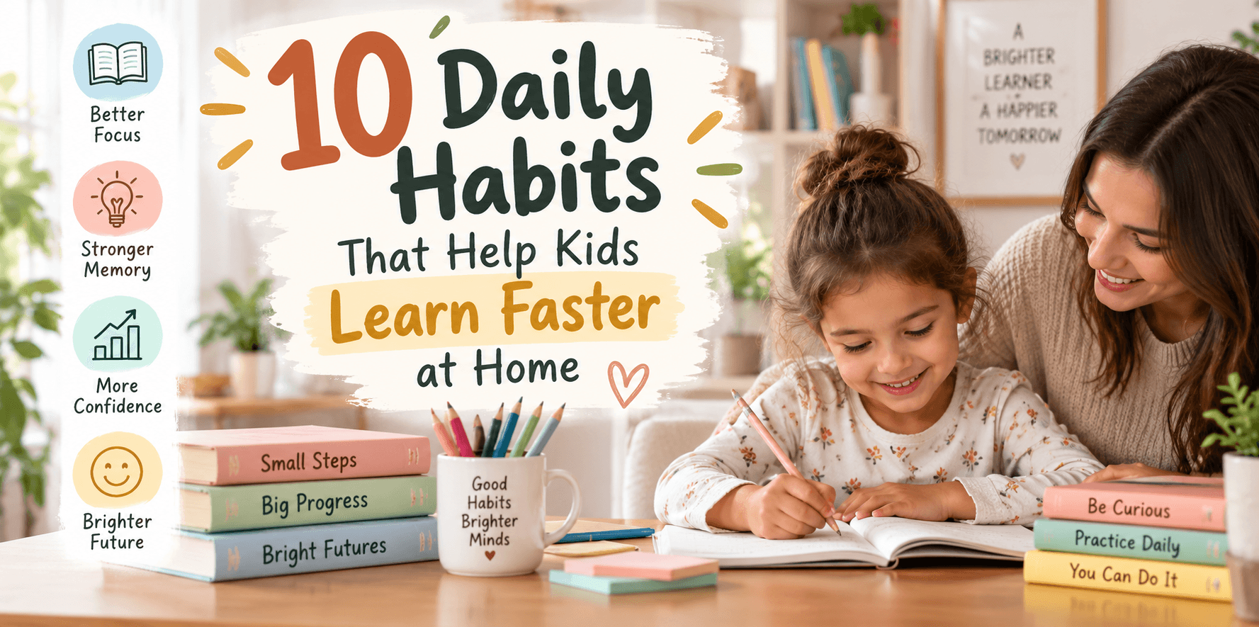 10 daily habits that help kids learn faster at home, featuring a child studying with a parent at a home learning desk