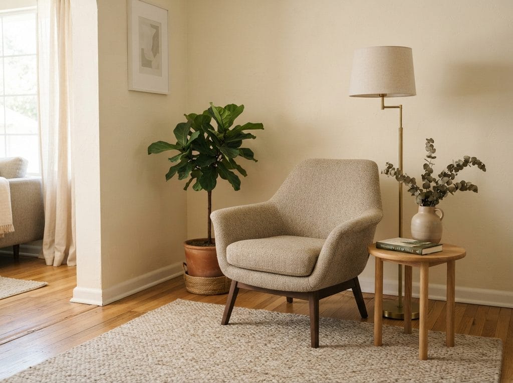 Armchair and lamp styling an otherwise empty room corner