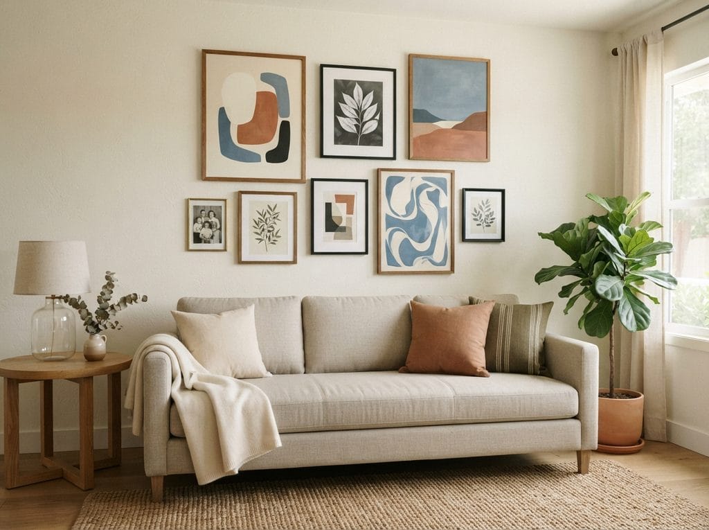 Balanced gallery wall arrangement in a living room