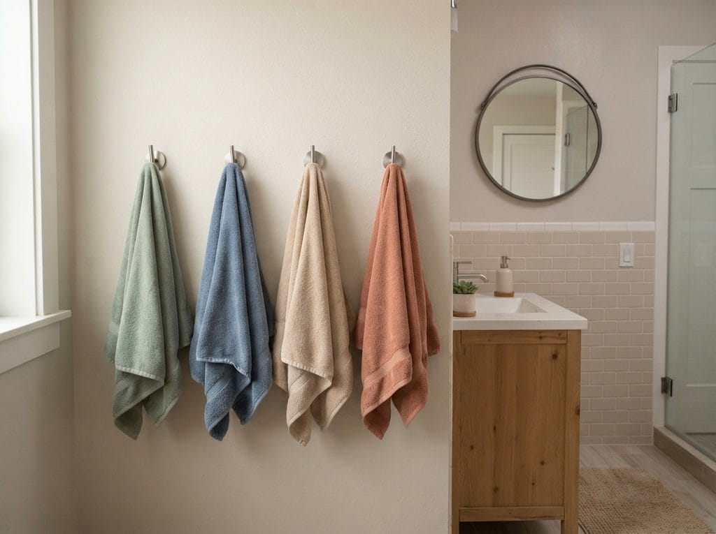 Bathroom towels neatly hanging on wall hooks