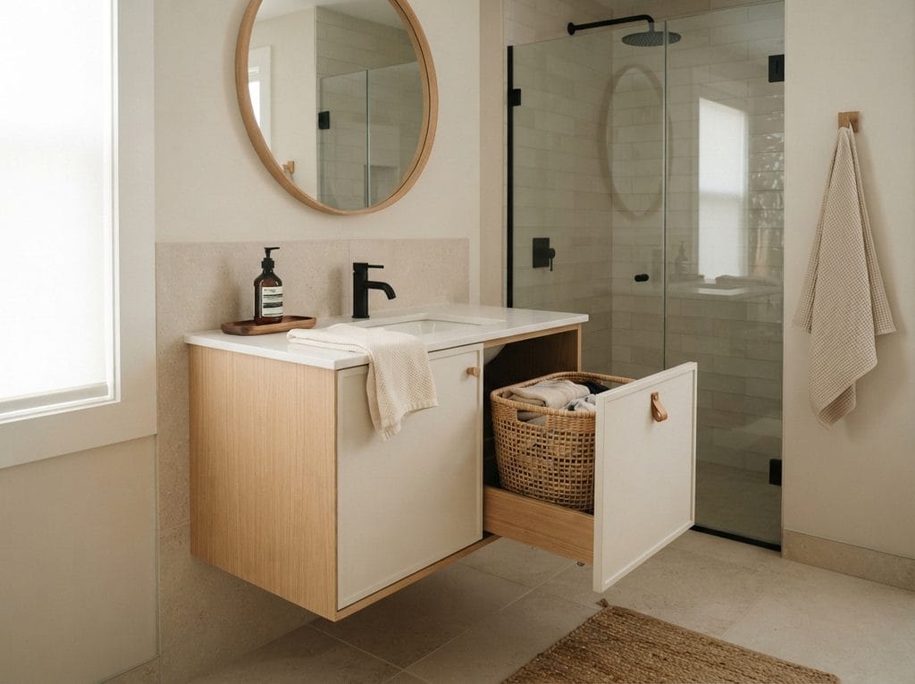 Bathroom vanity with a laundry basket for practical storage