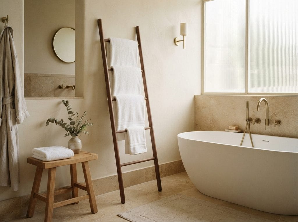 Cozy bathroom with a freestanding bathtub and warm neutral decor