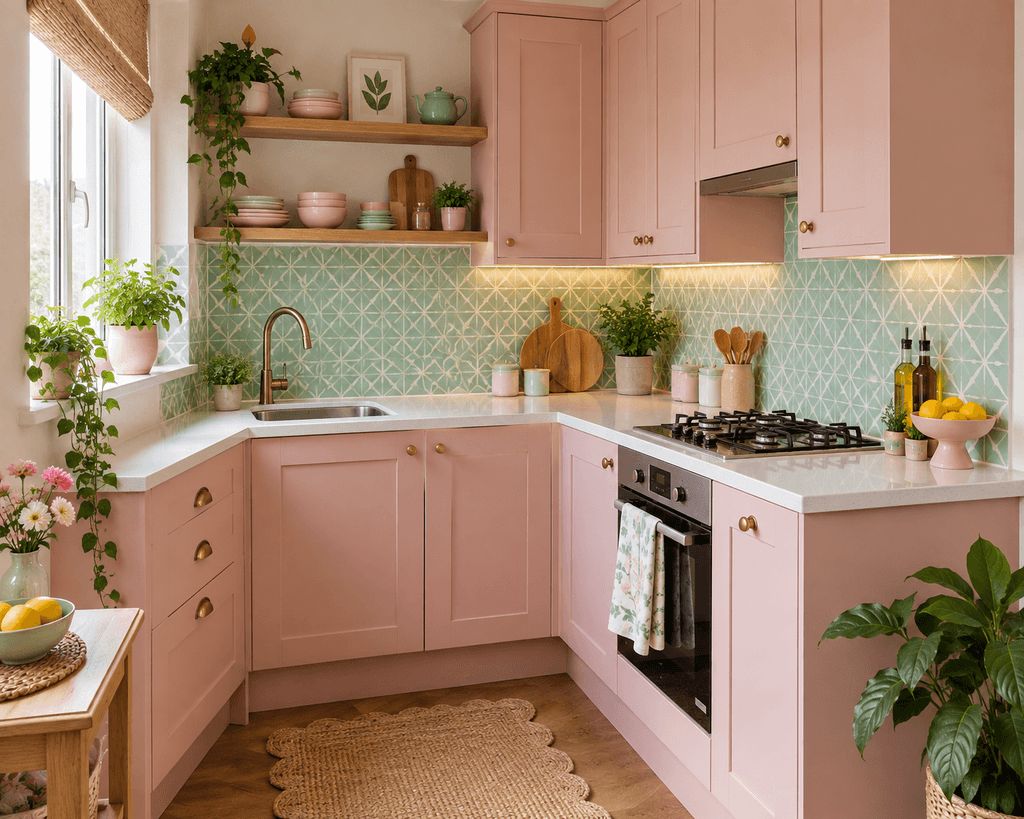 A cozy L-shaped kitchen with soft blush pink cabinets, mint green patterned backsplash tiles, white countertops, open shelves, pastel dishes, and small plants.