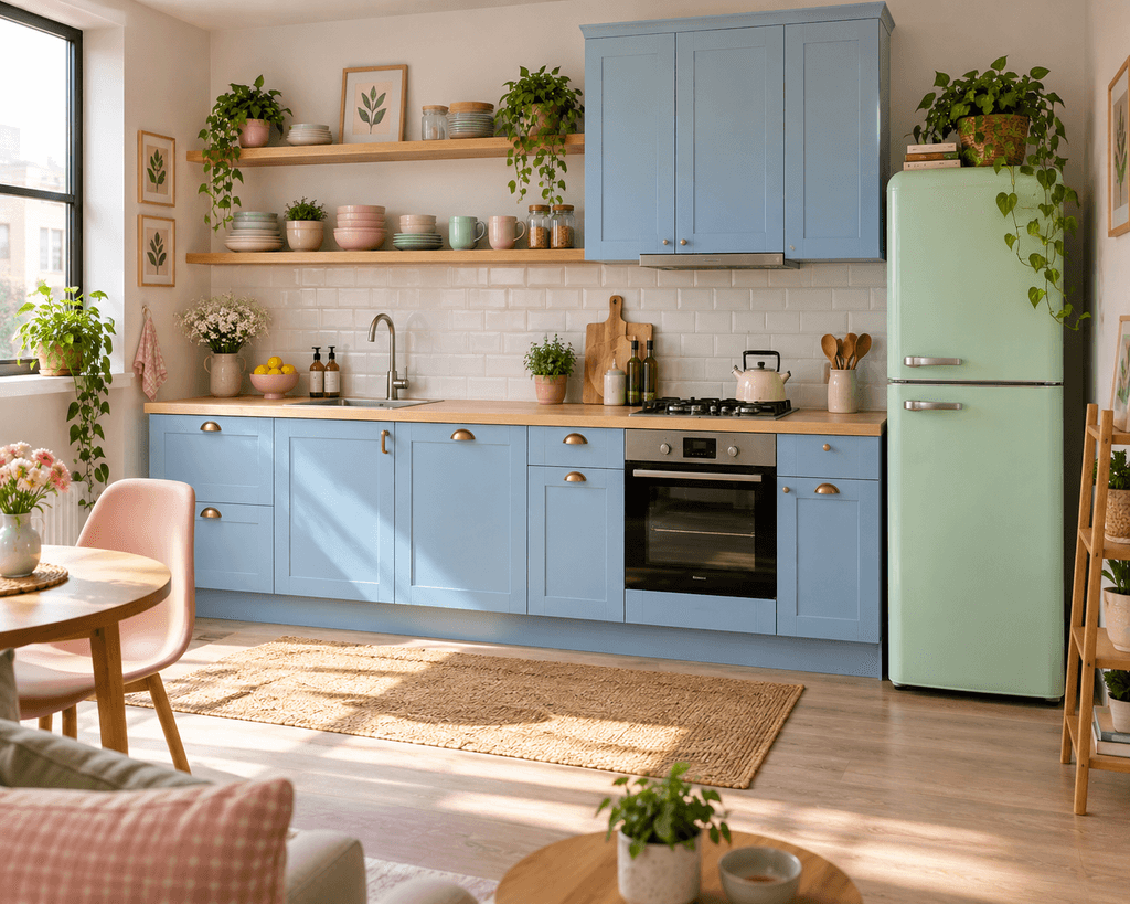 A compact studio kitchen with sky-blue cabinets, pale wood countertops, floating shelves, a pastel refrigerator, plants, and smart vertical storage.