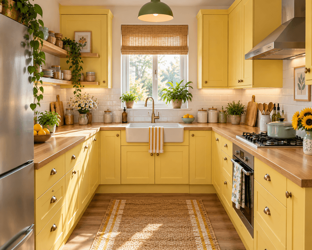 A cheerful compact U-shaped kitchen with soft yellow cabinets, warm wood accents, organized storage, plants, and colorful accessories.