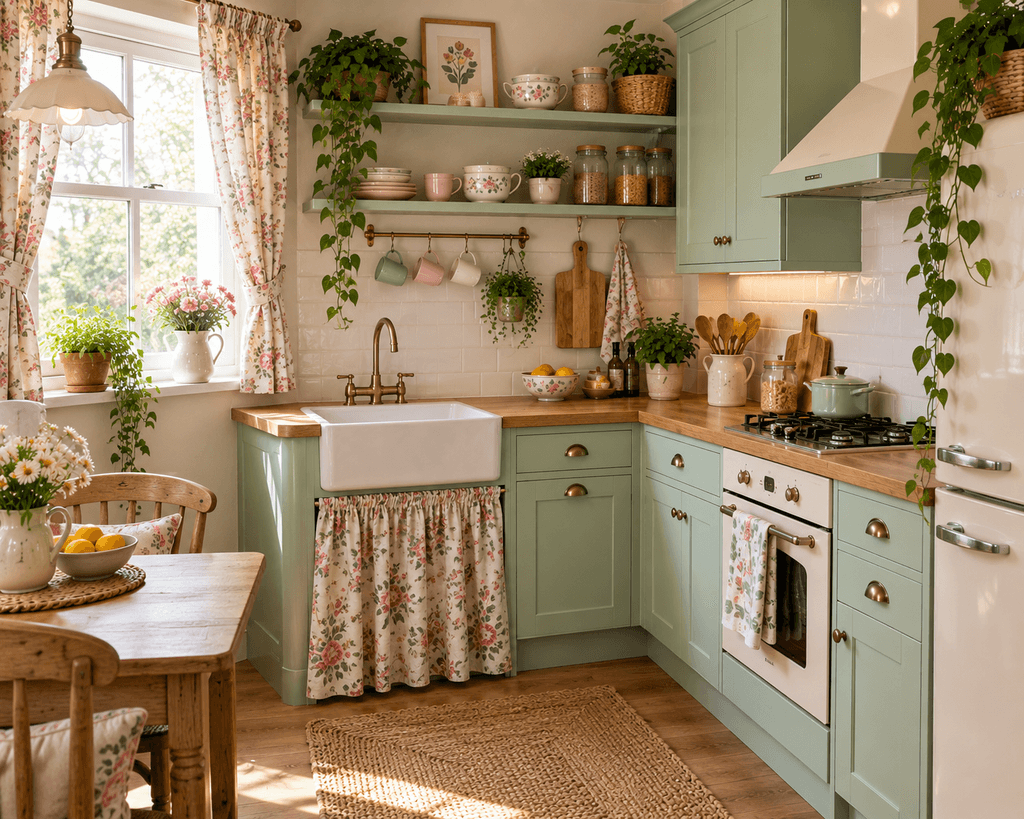 A cozy cottage kitchen with mint-green cabinets, floral curtains, vintage ceramics, woven baskets, a farmhouse sink, and warm cream walls.
