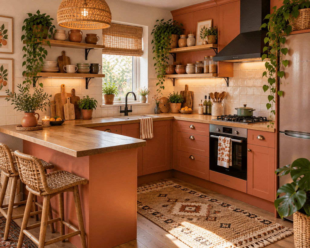 A compact bohemian kitchen featuring terracotta cabinets, natural wood countertops, rattan lighting, handmade ceramics, clay pots, and trailing plants.
