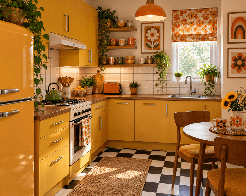 A colorful 1970s-inspired kitchen with mustard yellow cabinets, a black-and-white checkerboard floor, vintage mugs, warm wood details, and retro accessories.