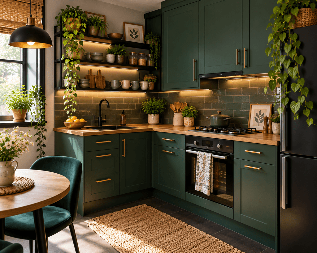 A sophisticated small kitchen with deep forest-green cabinets, matte black shelving, gold hardware, warm lighting, colorful ceramics, and green plants.