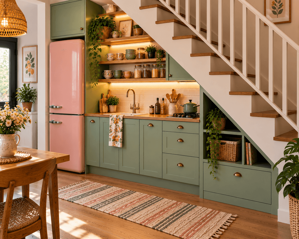 A clever compact kitchen built beneath a staircase, featuring custom cabinetry, colorful fronts, open shelving, compact appliances, and vertical storage.