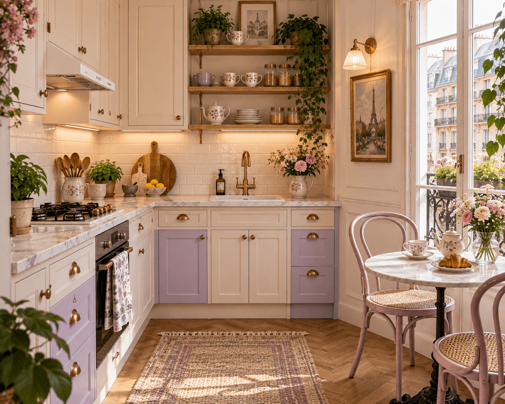 A charming Parisian kitchen with cream cabinets, lavender drawers, antique brass handles, a tiled backsplash, flowers, and a tiny bistro table.