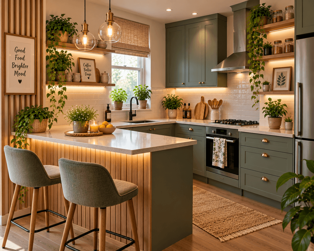 A lively tropical kitchen with bold green botanical wallpaper, natural wood cabinets, abundant plants, colorful citrus, woven accessories, and open shelving.