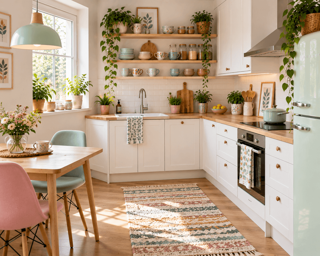 A bright Scandinavian kitchen with white and pale wood cabinetry, pastel chairs, colorful mugs, minimalist shelves, plants, and a patterned runner.