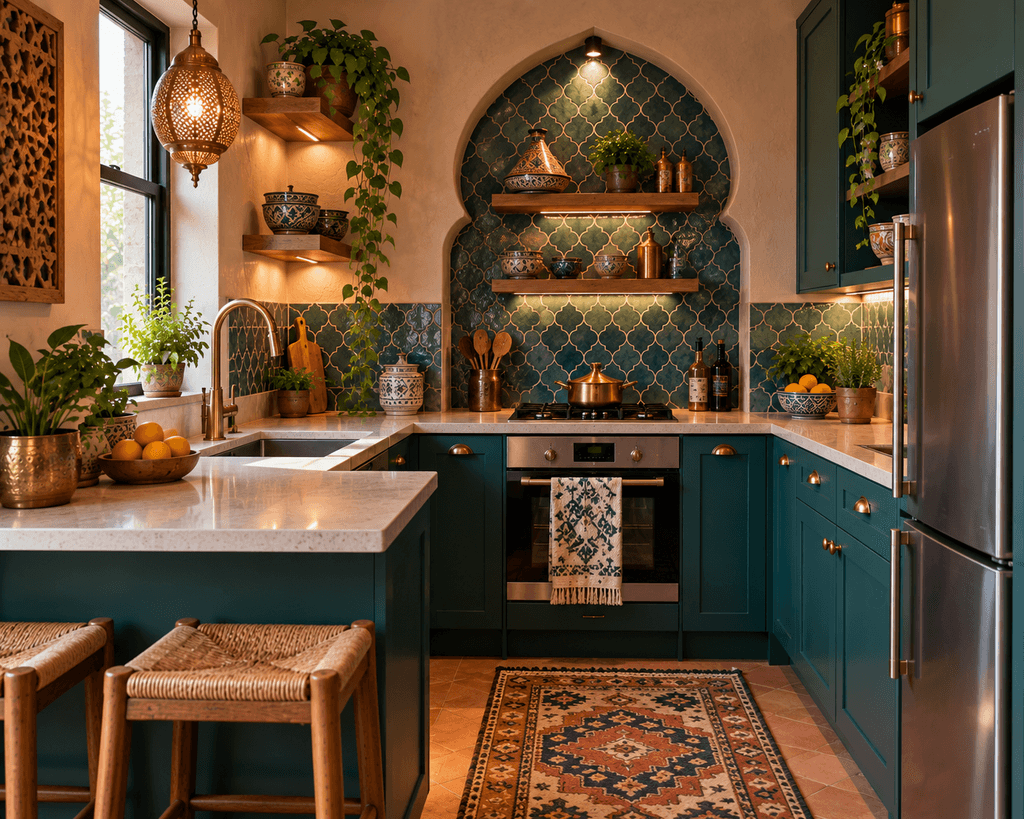 A Moroccan-inspired kitchen with deep teal cabinets, handmade zellige-style tiles, an arched wall niche, brass accents, ceramic dishes, and warm lighting.