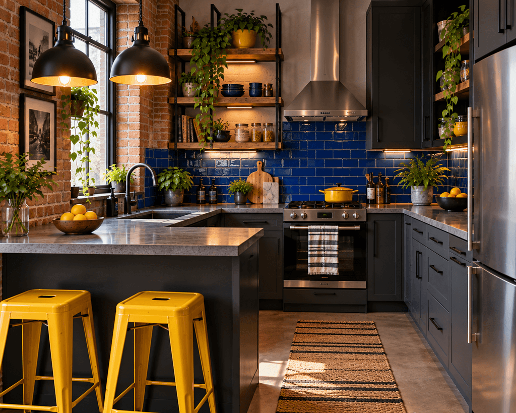 A compact industrial kitchen with charcoal cabinets, exposed red brick, black shelving, a cobalt blue backsplash, yellow stools, plants, and stainless steel appliances.