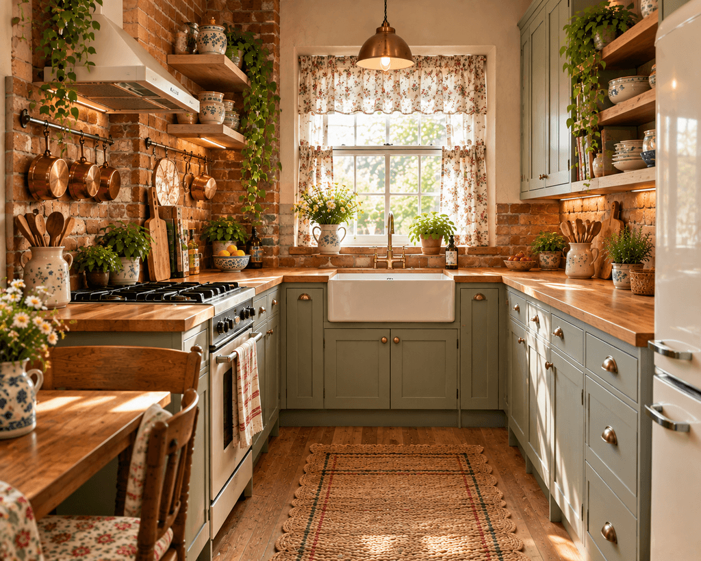 A rustic farmhouse kitchen with distressed cream or sage cabinets, butcher-block countertops, exposed brick, copper pots, fresh herbs, floral curtains, and vintage ceramics.