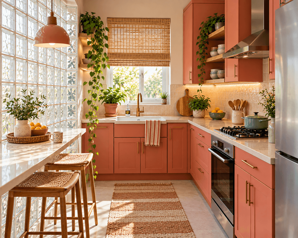 A modern compact kitchen with coral cabinets, a textured glass block wall, pastel accessories, plants, pale countertops, and soft natural sunlight.