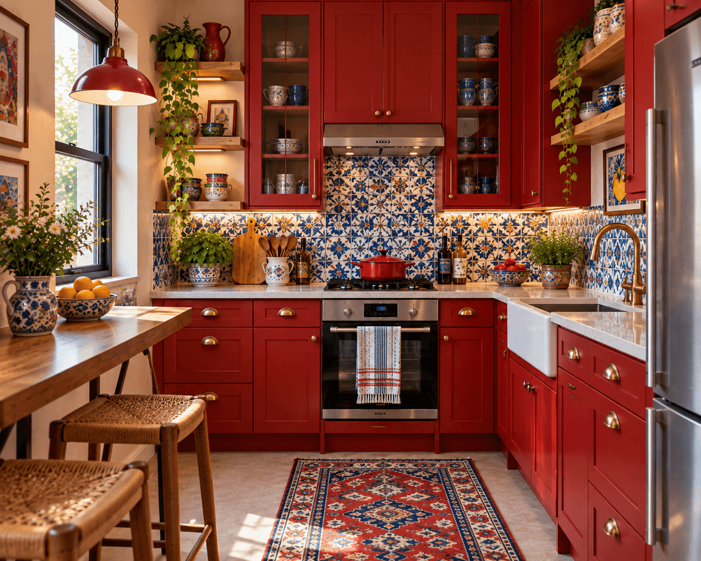 A colorful small kitchen with bold red cabinets, cream walls, blue patterned backsplash tiles, colorful ceramics, wood accents, and warm natural lighting.