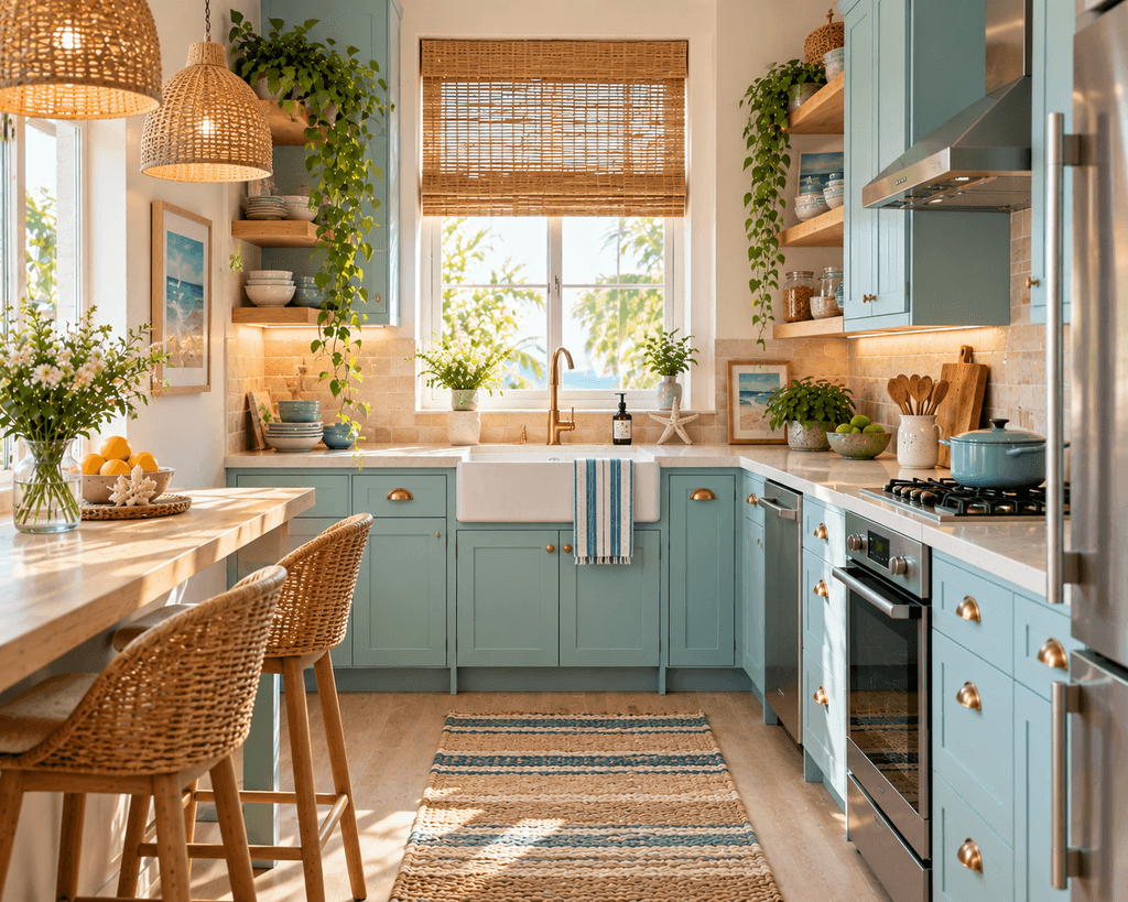 An airy coastal kitchen with soft aqua cabinets, sandy beige tiles, pale wood details, woven lighting, open shelves, and natural sunlight.