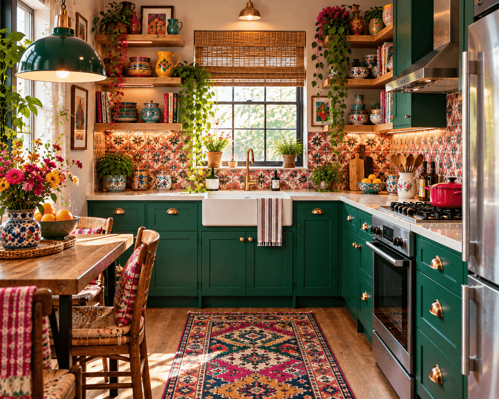 A vibrant maximalist kitchen with emerald cabinets, patterned pink backsplash tiles, colorful shelving, bold textiles, bright ceramics, and layered decorative accents.