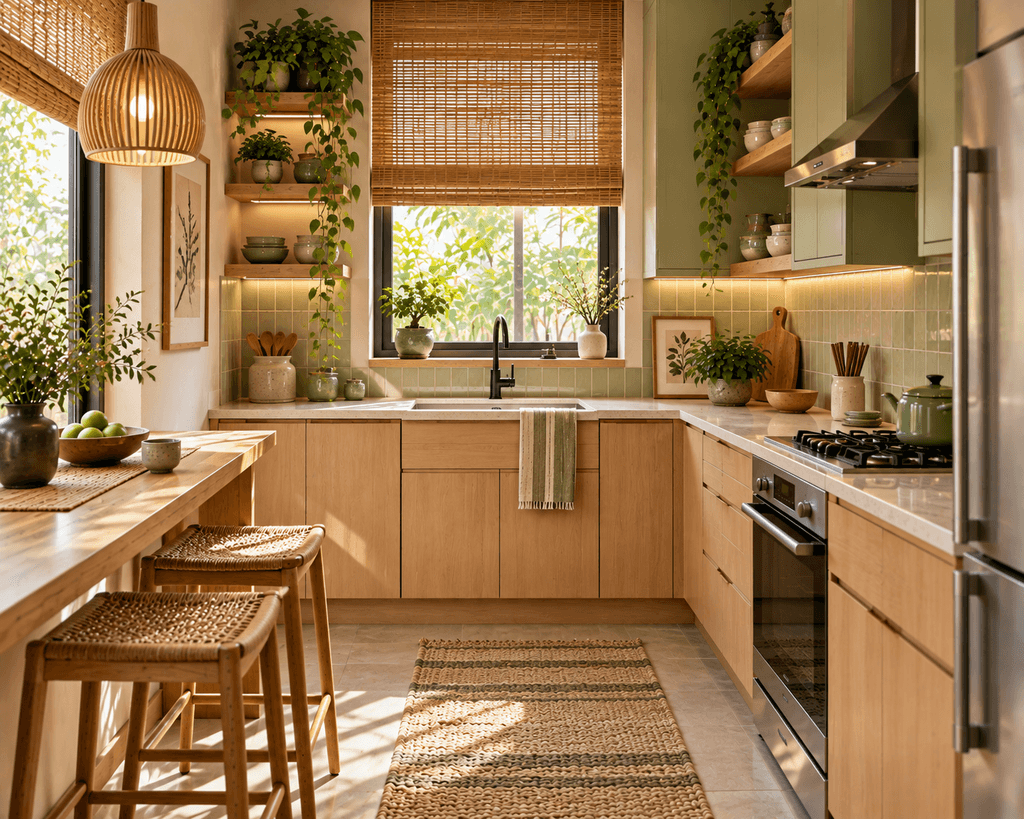 A peaceful Japanese-inspired kitchen with pale natural wood cabinetry, matcha green accents, bamboo blinds, handmade ceramics, open shelving, greenery, and warm natural light.