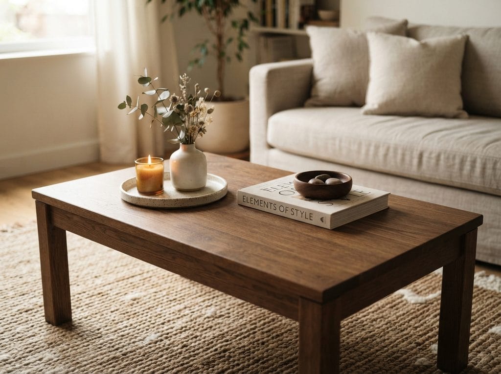 Coffee table styled with books, a bowl and a vase while leaving open space