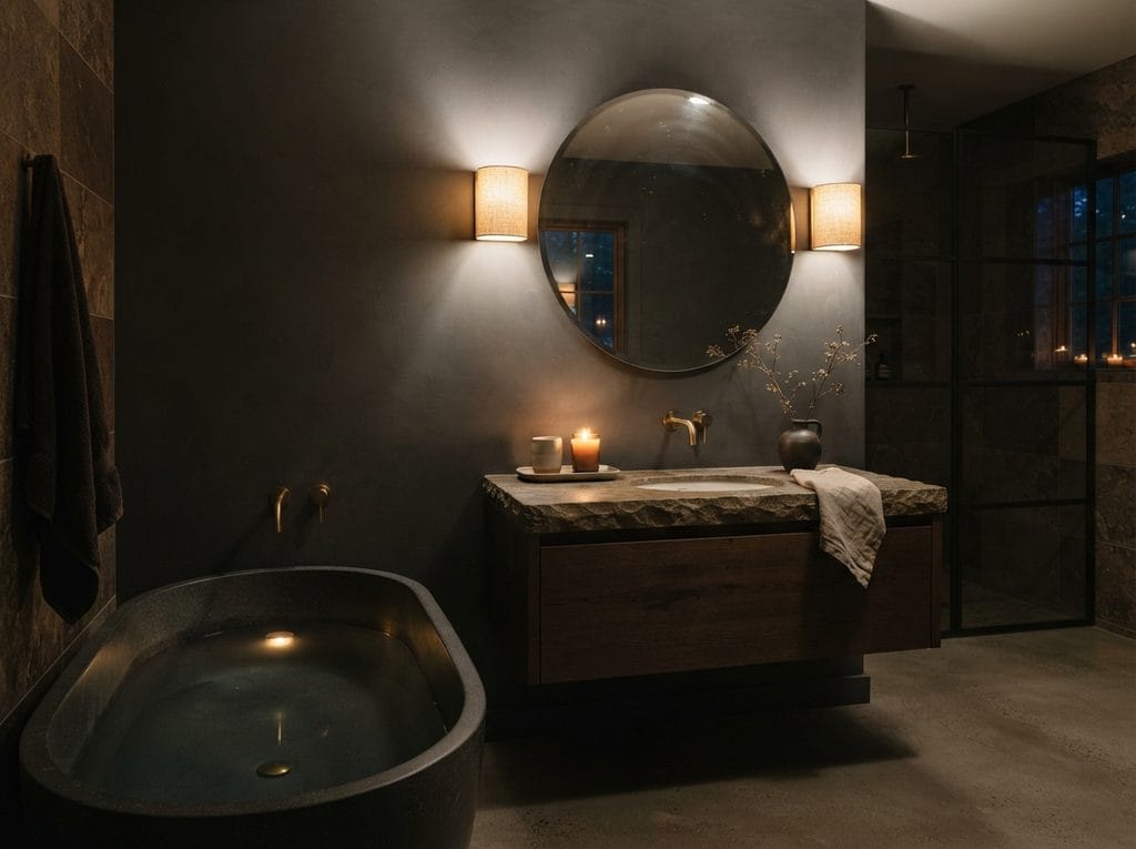 Moody contemporary bathroom with warm evening lighting