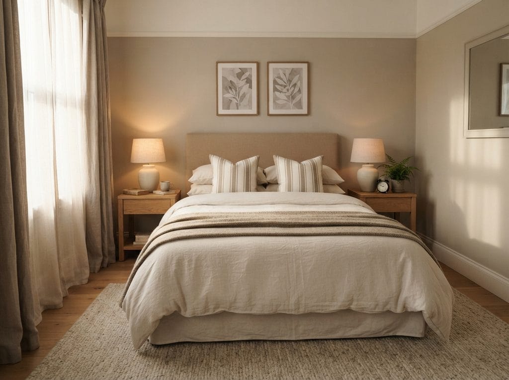 Hotel-inspired bedroom with layered bedding and soft lighting