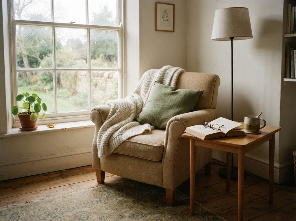 Cozy reading nook with an armchair and layered decor