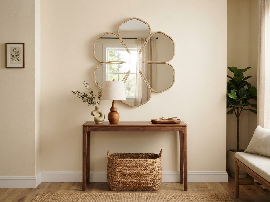 Entryway console styled with a mirror and simple decorative accents