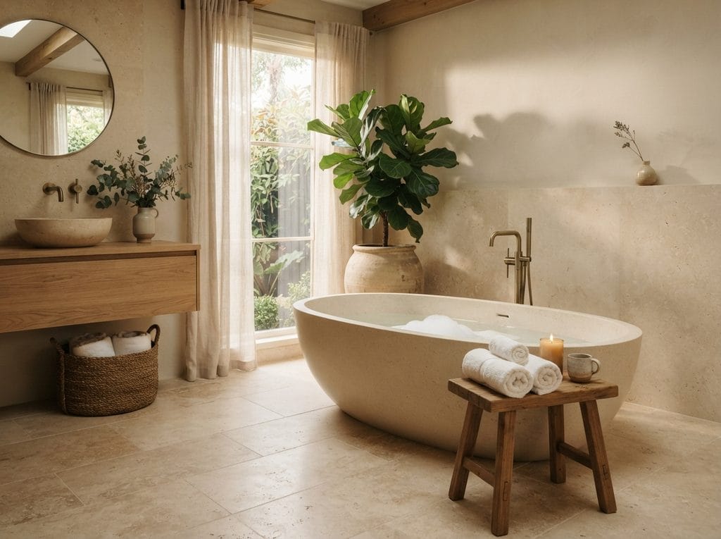 Freestanding bathtub in a spa-style bathroom
