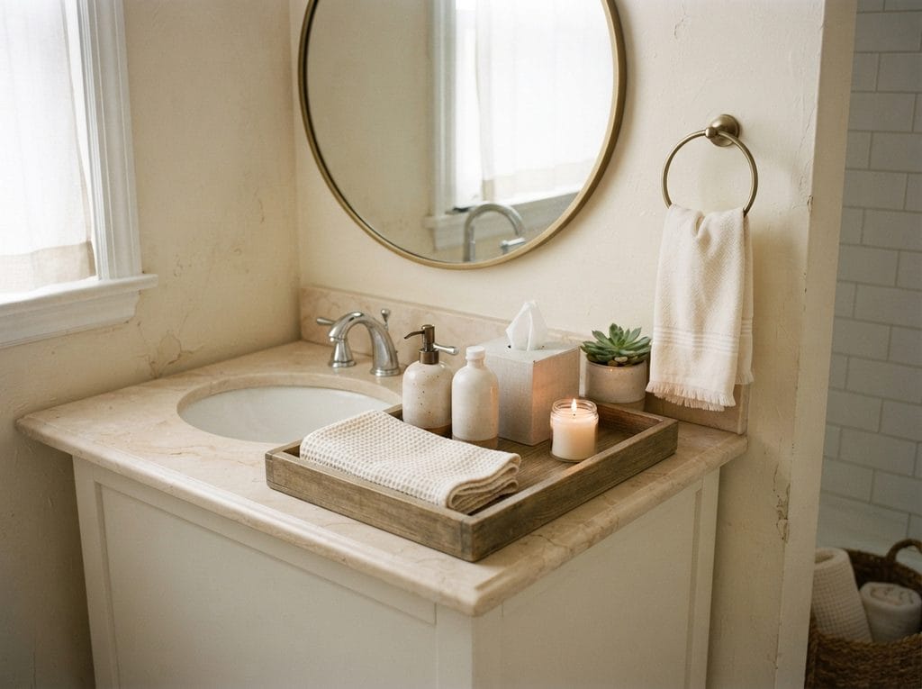 Guest bathroom with a welcome tray and neatly arranged essentials