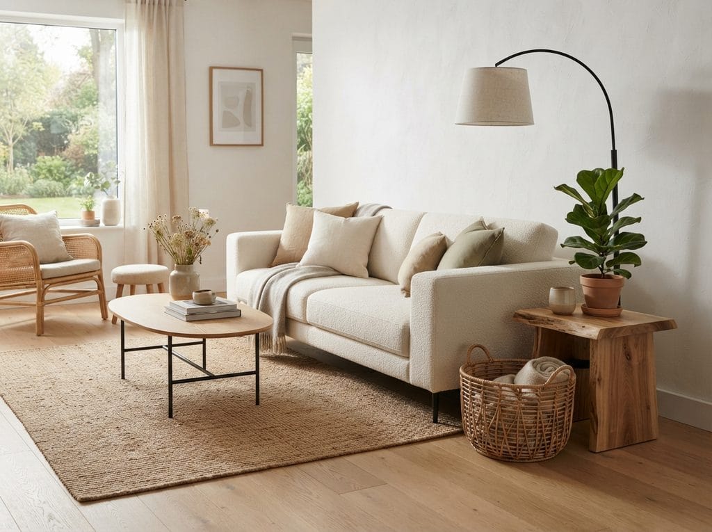 Modern living room mixing contemporary furniture with natural materials