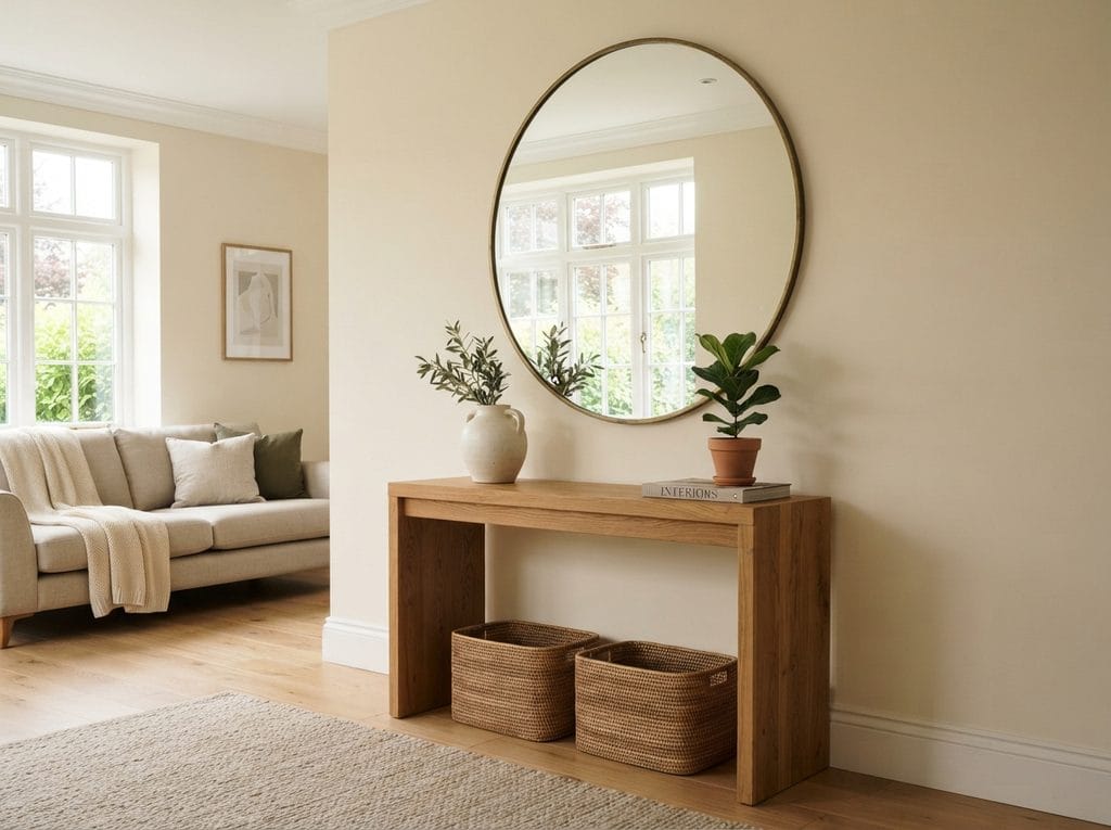 Statement mirror reflecting light in a polished living room