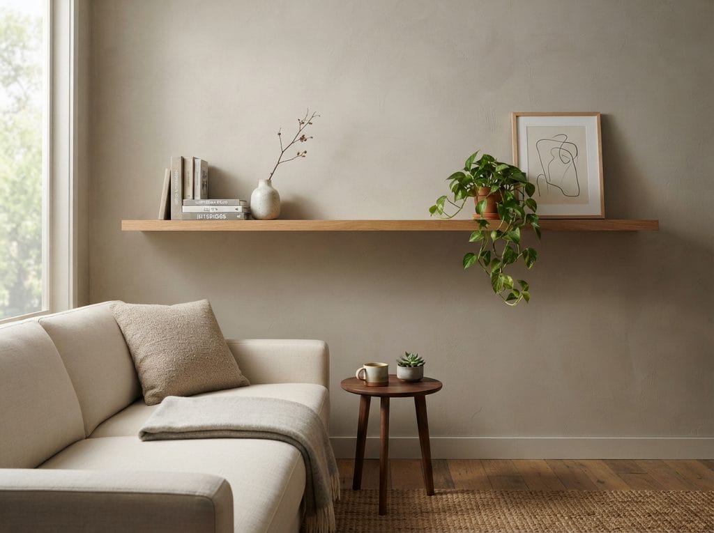Styled floating shelves with books, plants and decorative objects