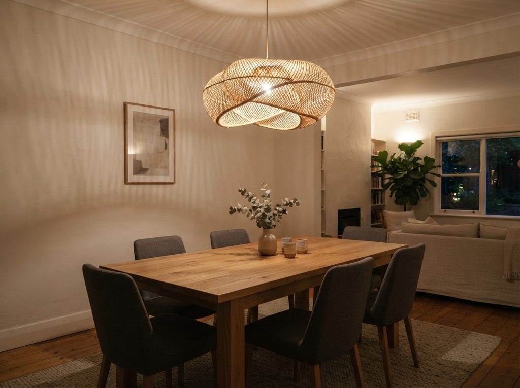 Statement pendant light above a dining area