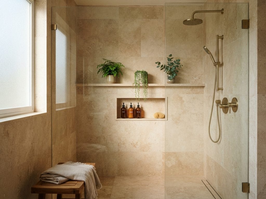 Shower shelf styled with green plants