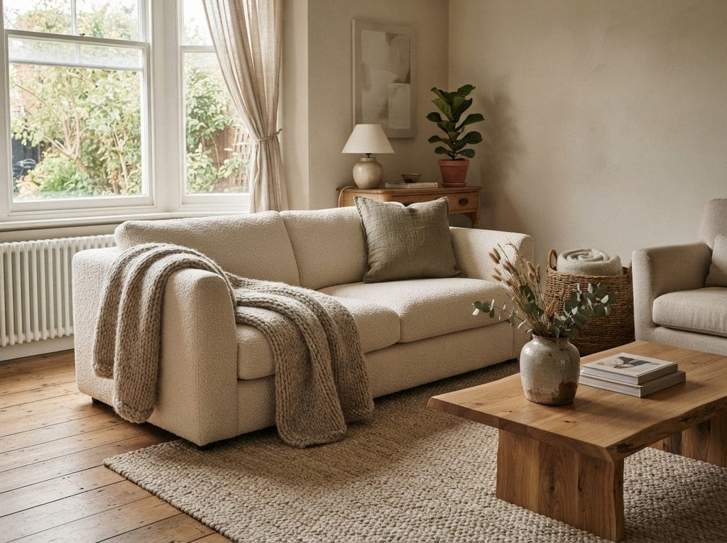 Sophisticated living room layered with rich textures and natural materials