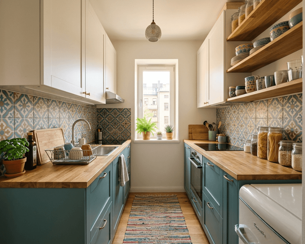 Narrow galley kitchen with colorful tiles and compact cabinetry