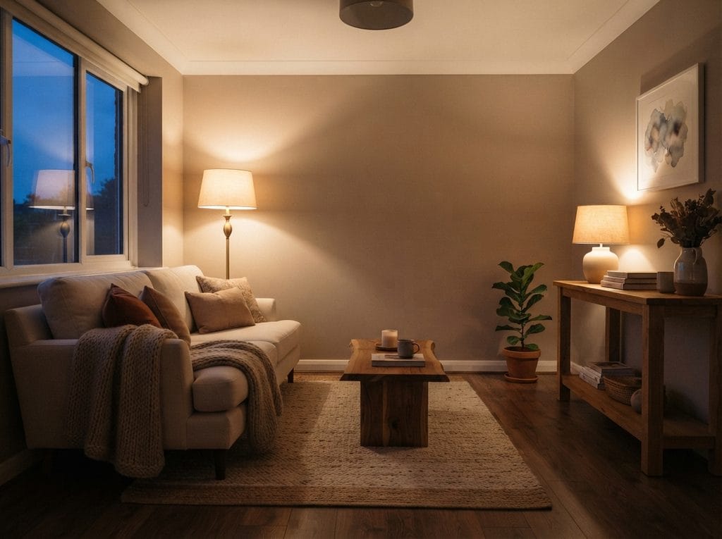 Warm layered lighting creating a cosy living room atmosphere