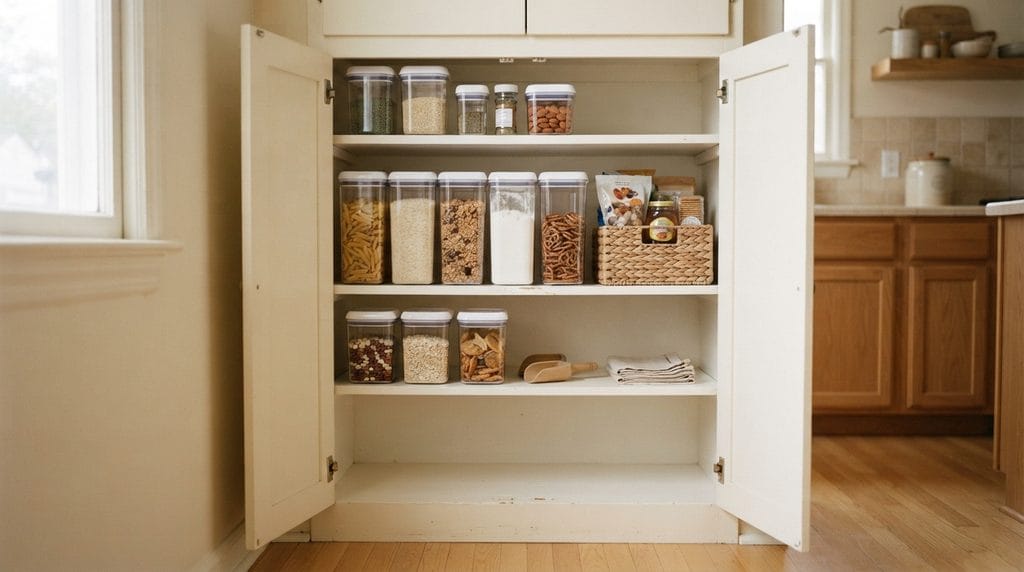 Clear storage containers organizing items inside a kitchen cabinet