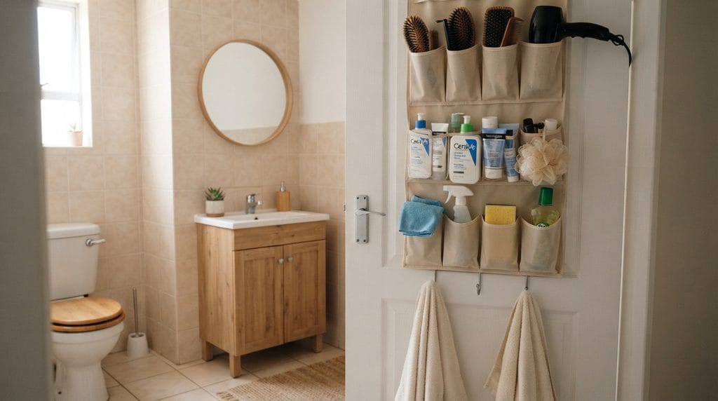 Over-the-door storage organizer in a compact bathroom
