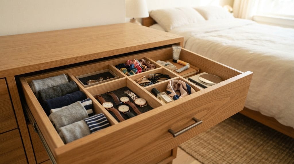 Drawer dividers organizing small household items by category