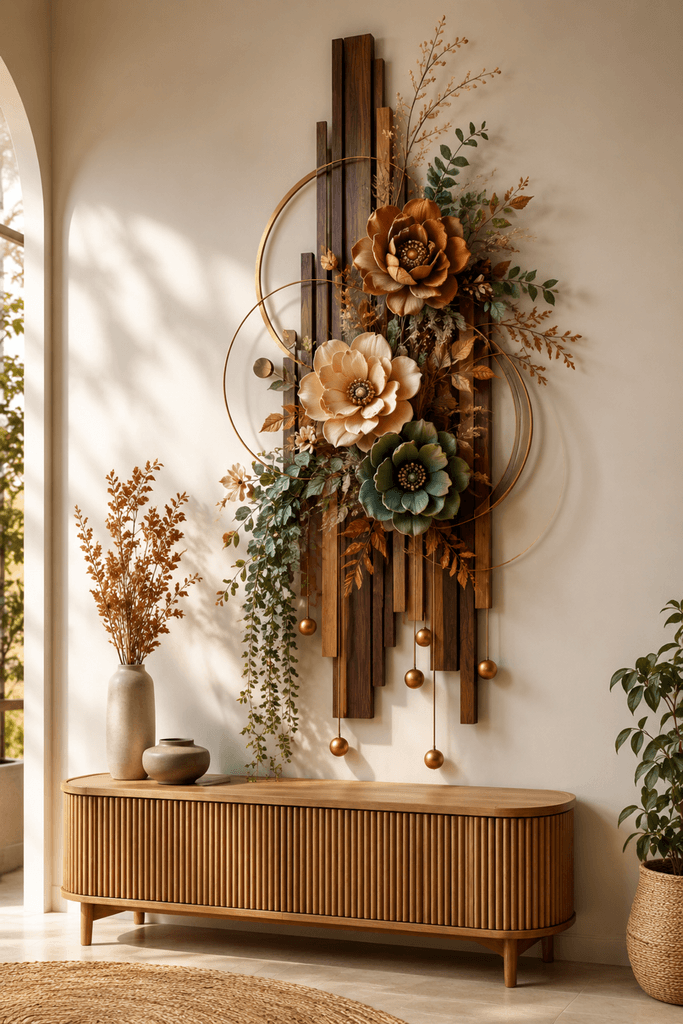 Wood and floral wall sculpture with carved wood panels and greenery