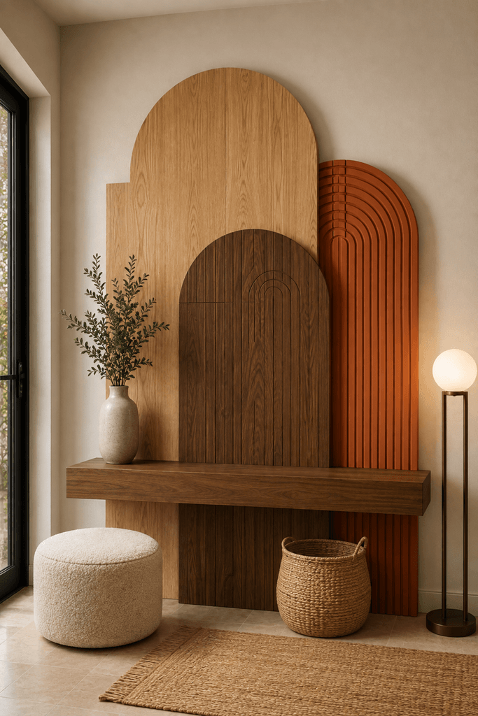 Layered wooden arch wall decor in mixed warm wood tones