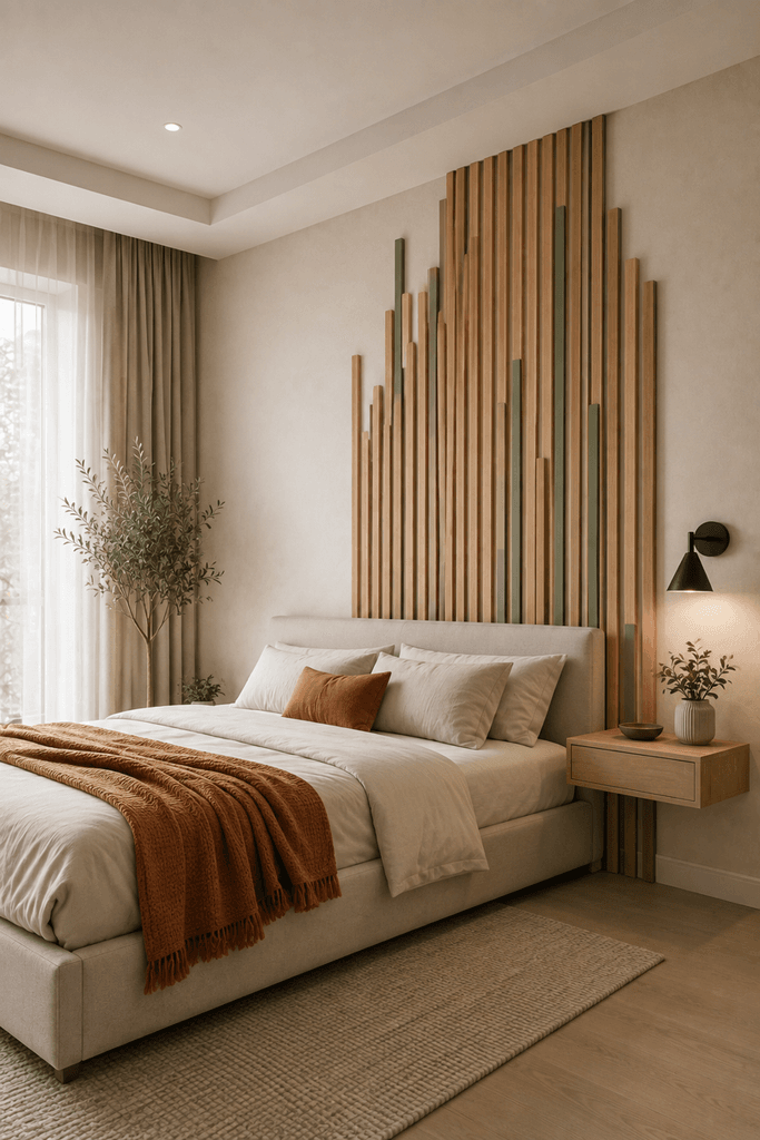 Vertical wood slat artwork with a modern decorative display