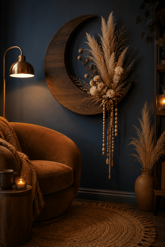 Wooden crescent moon wall decor with natural botanical accents