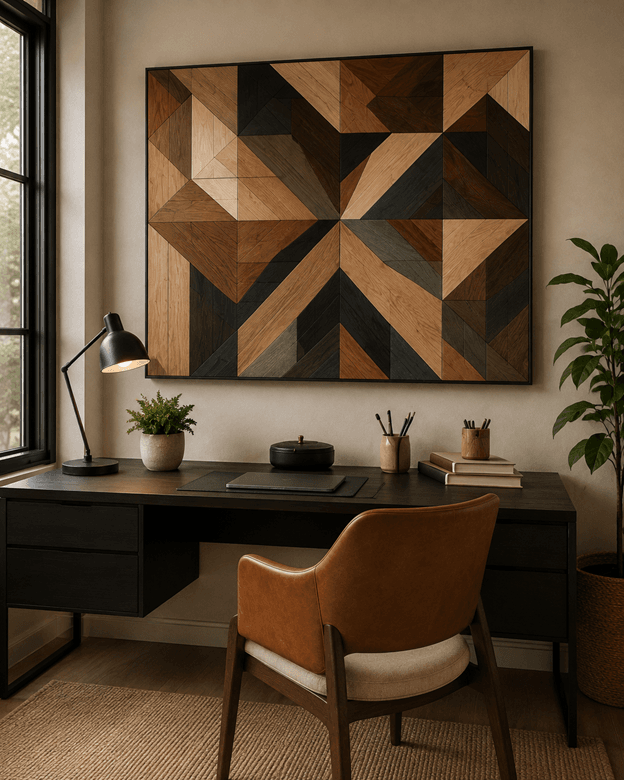 Geometric wood mosaic wall art in natural and painted tones