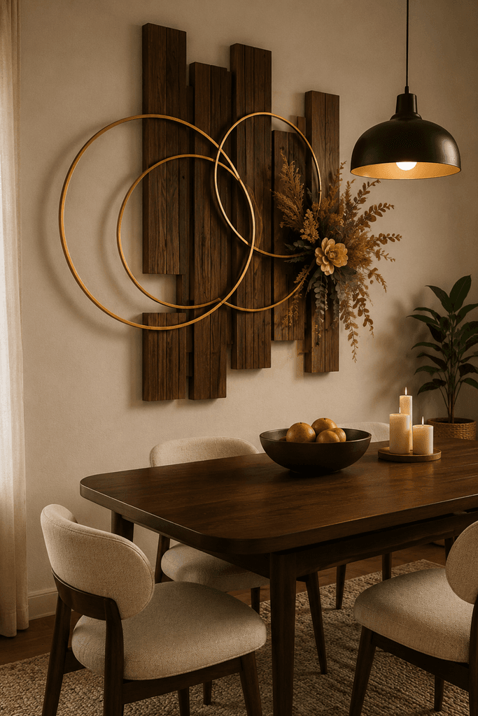 Wood and metal circle wall composition with layered shapes