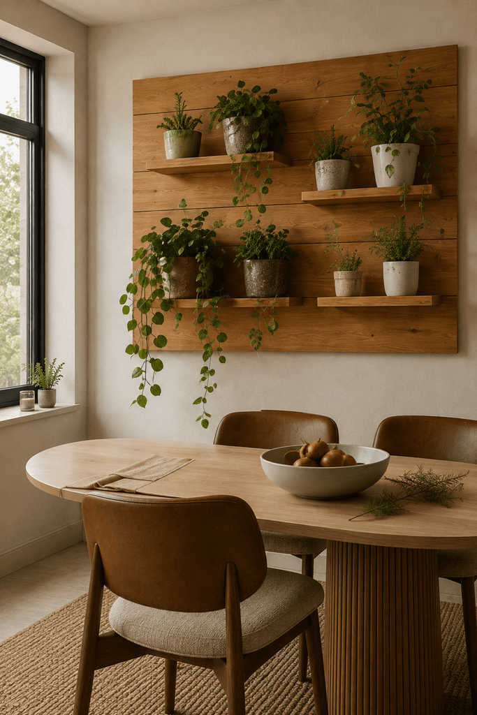 Floating wooden plant display with small pots and shelves